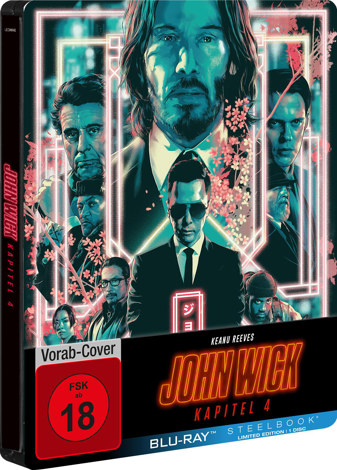 Filmcover von "John Wick: Kapitel 4". Keanu Reeves ist zu sehen. Der Titel ist orange.
