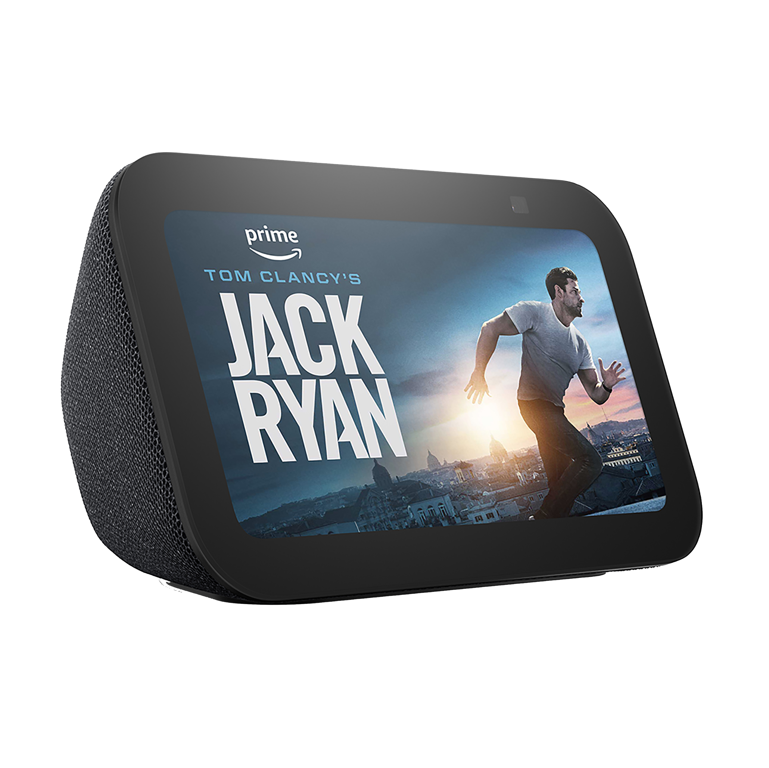 Pantalla inteligente negra con 'Tom Clancy's Jack Ryan' y hombre corriendo en la pantalla.