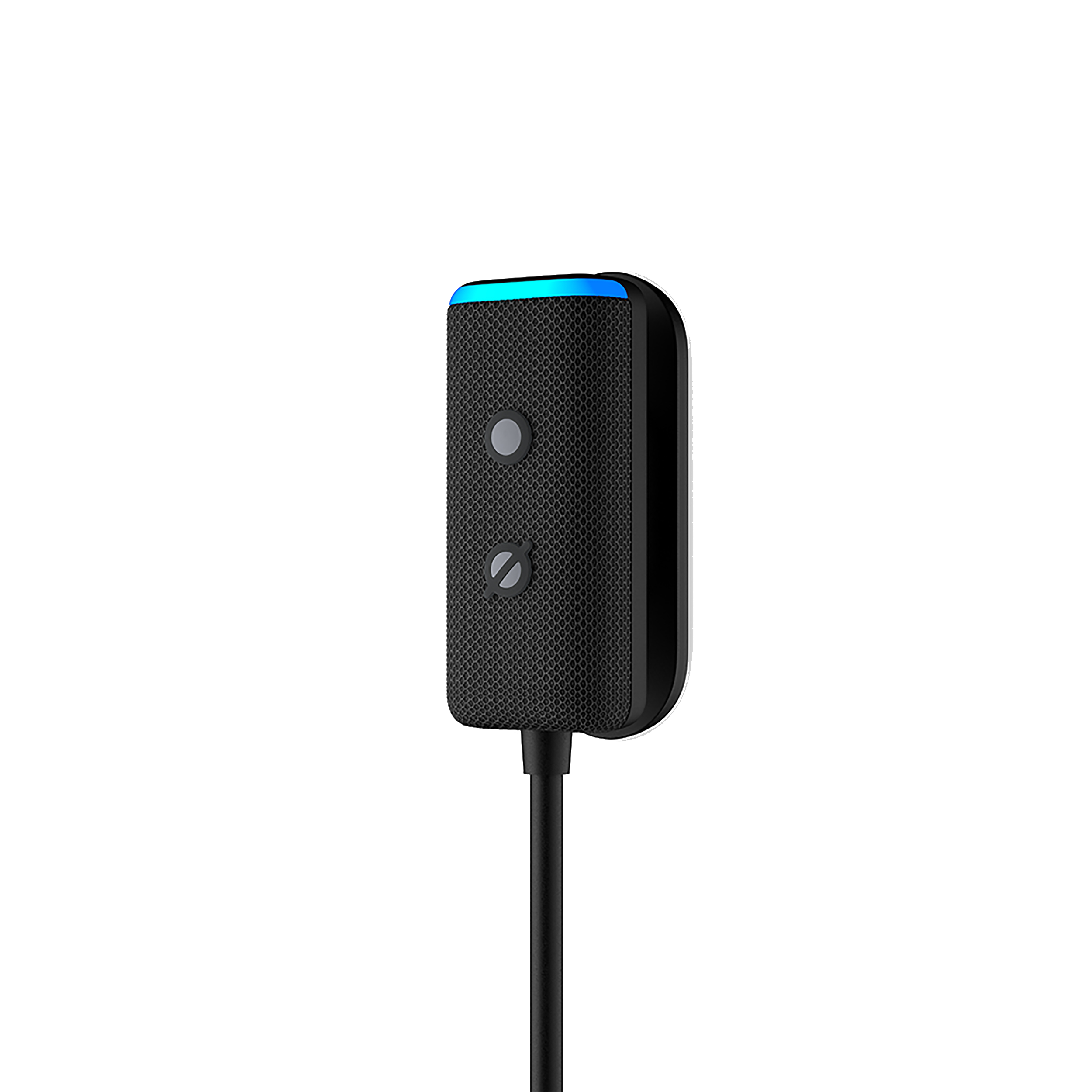 Dispositivo rectangular negro con dos botones y una tira de luz azul en la parte superior.