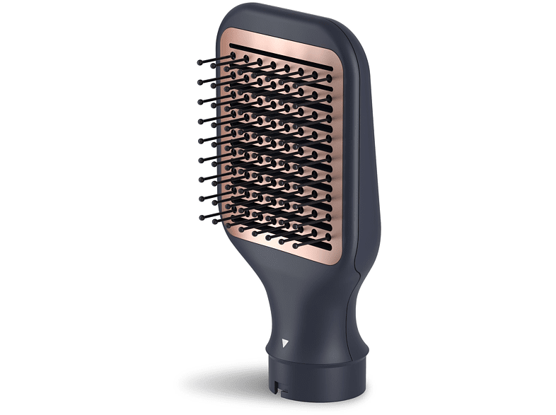 Primer plano de un accesorio de cepillo de secador de pelo azul oscuro. Tiene cerdas negras y un acento oro rosa.