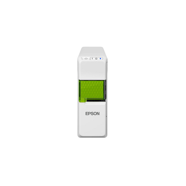 Rotuladora Epson blanca, con un compartimento de etiquetas verde. El logotipo de Epson está impreso.