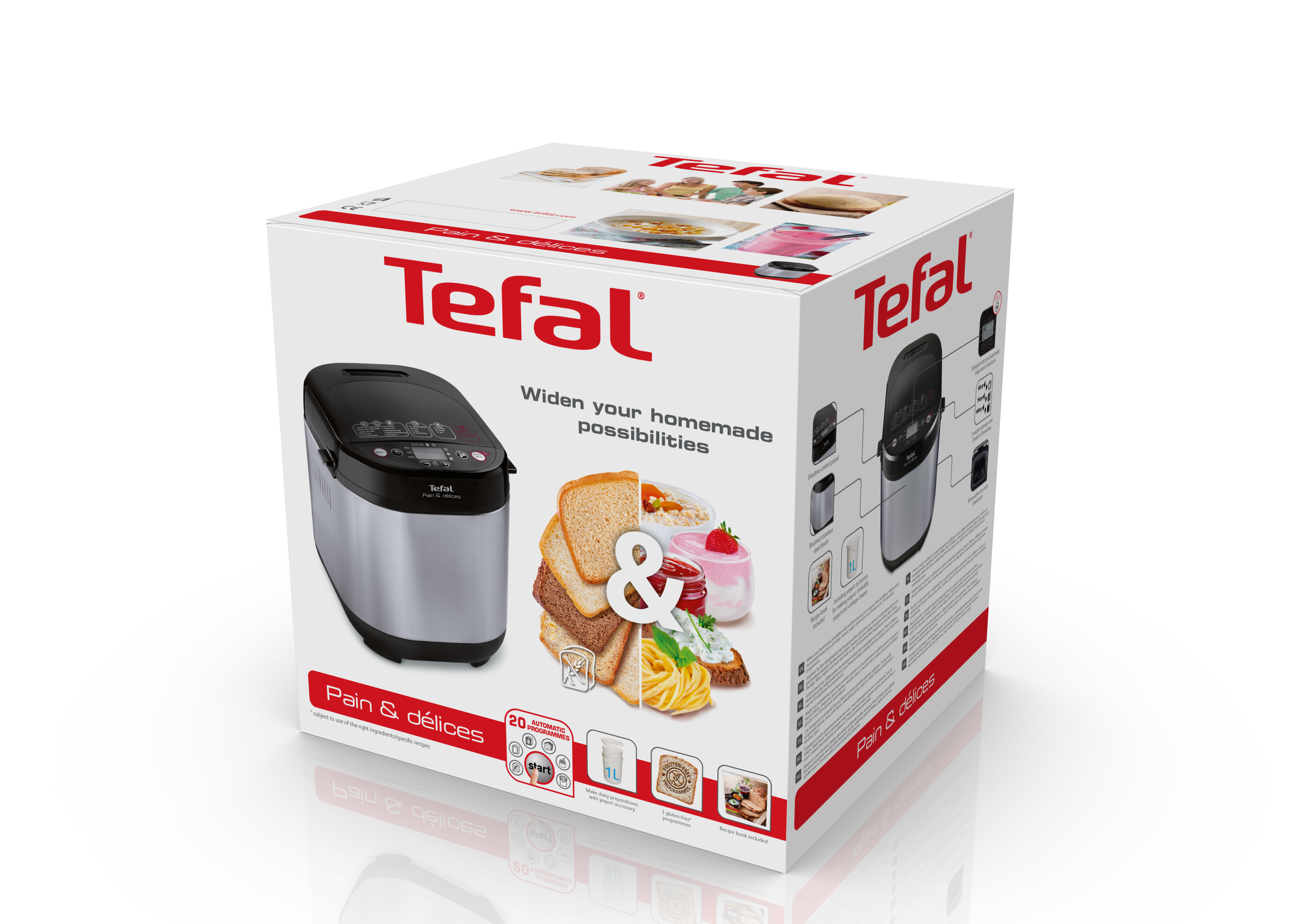 Egy Tefal kenyérsütő doboz. A kenyérsütőt és különféle kenyereket és élelmiszereket mutat. Fehér háttér.