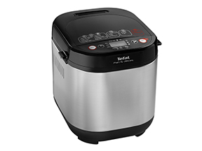 Tefal kenyérsütő. Ezüst és fekete test, vezérlőpanel a tetején gombokkal és egy kis kijelzővel.