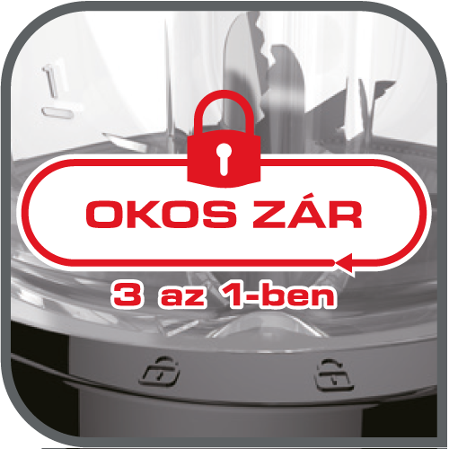 Közelkép egy turmixgépről, piros lakattal és az 'OKOS ZÁR' felirattal.
