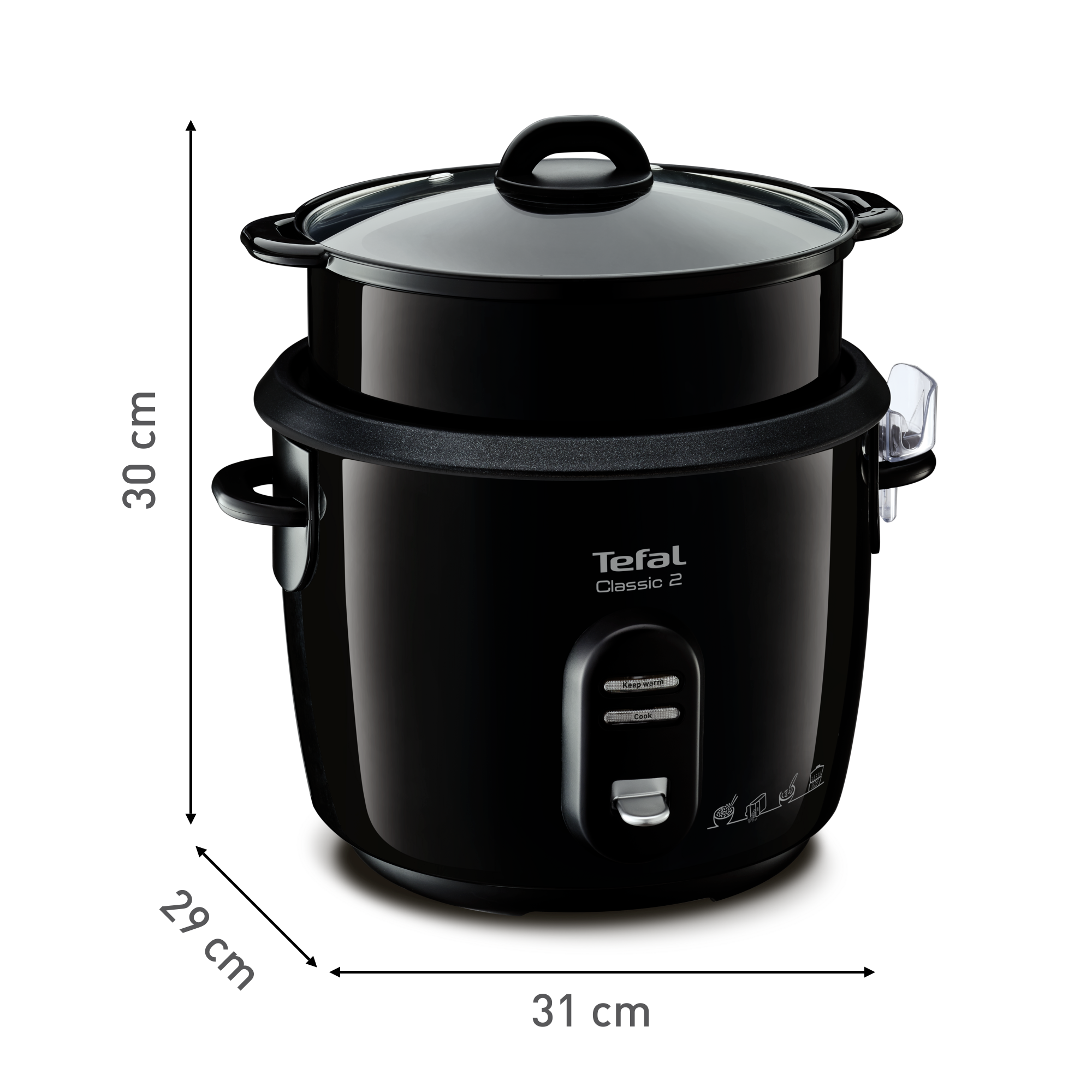 Fekete Tefal rizsfőző méretekkel: 29x31x30 cm.