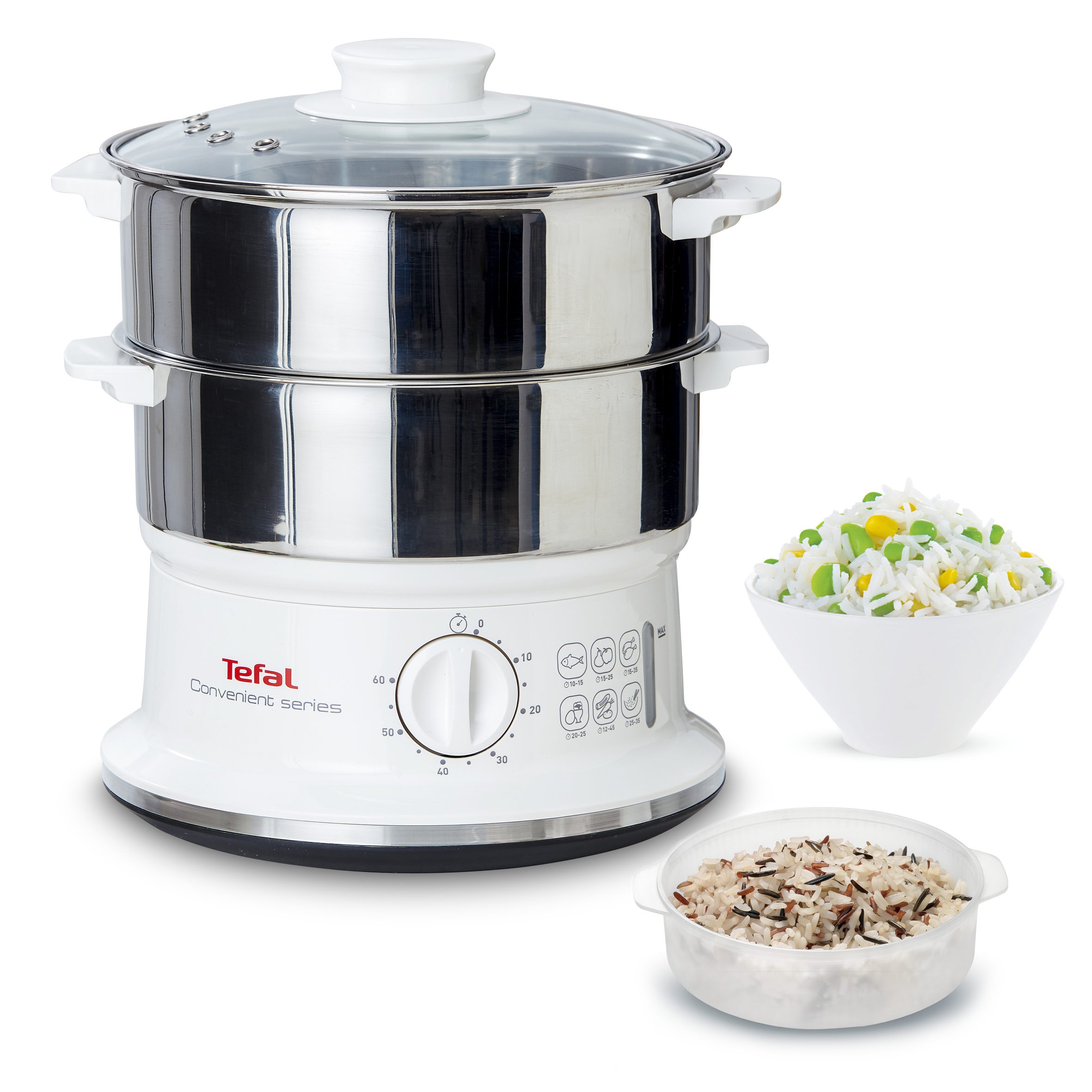Fehér és ezüst Tefal gőzölő rizses tálakkal fehér háttéren.