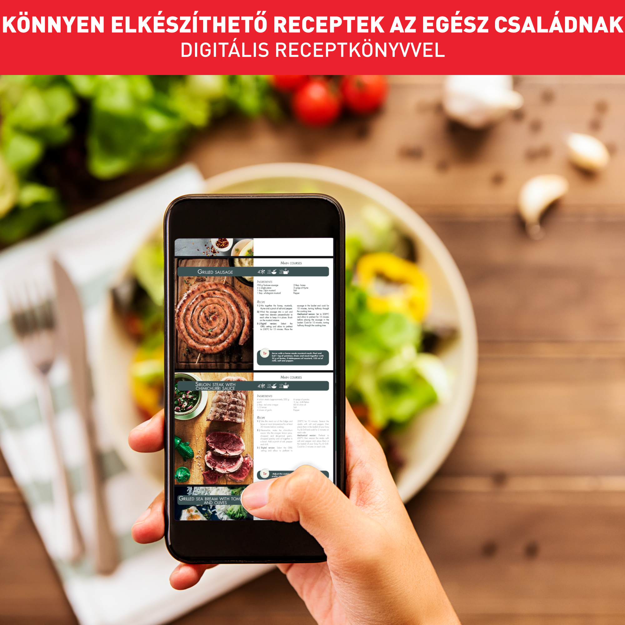 Egy kéz egy okostelefont tart, amely ételek receptjeit jeleníti meg, egy tányér étellel a háttérben.