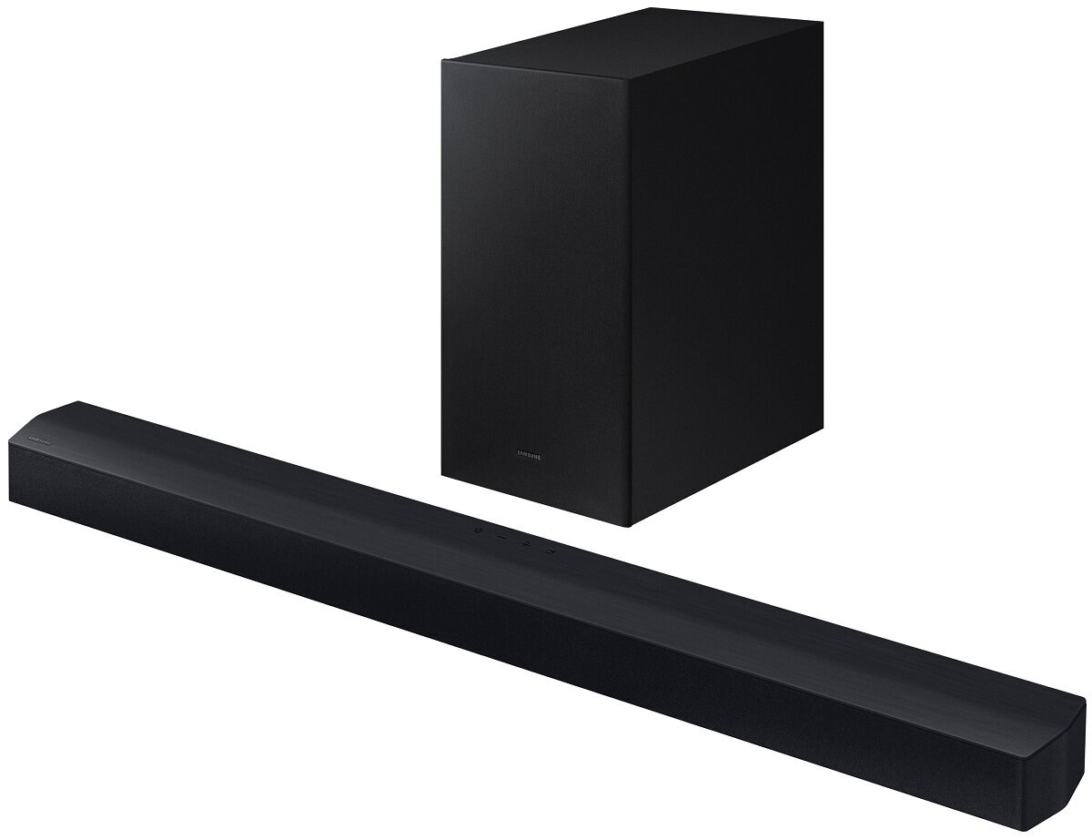 Czarny zestaw soundbar i subwoofer. Soundbar jest długi, a subwoofer to kostka.