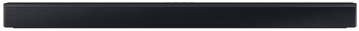 Czarny soundbar na białym tle.