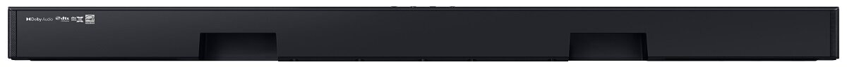 Czarny soundbar, widok z przodu, z logo Dolby Atmos i wieloma sekcjami.
