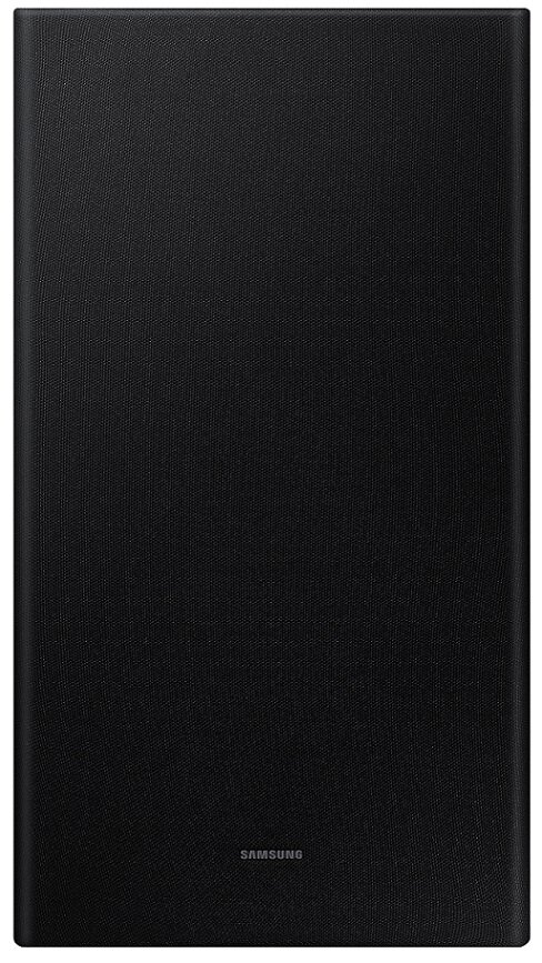 Czarny głośnik, widok z przodu. Logo Samsung na dole.
