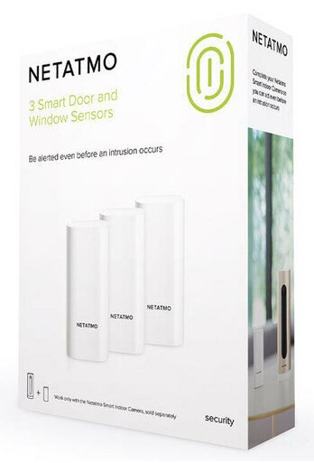 Pudełko Netatmo 3 Smart Door and Window Sensors z trzema czujnikami i obrazem Smart Indoor Camera.