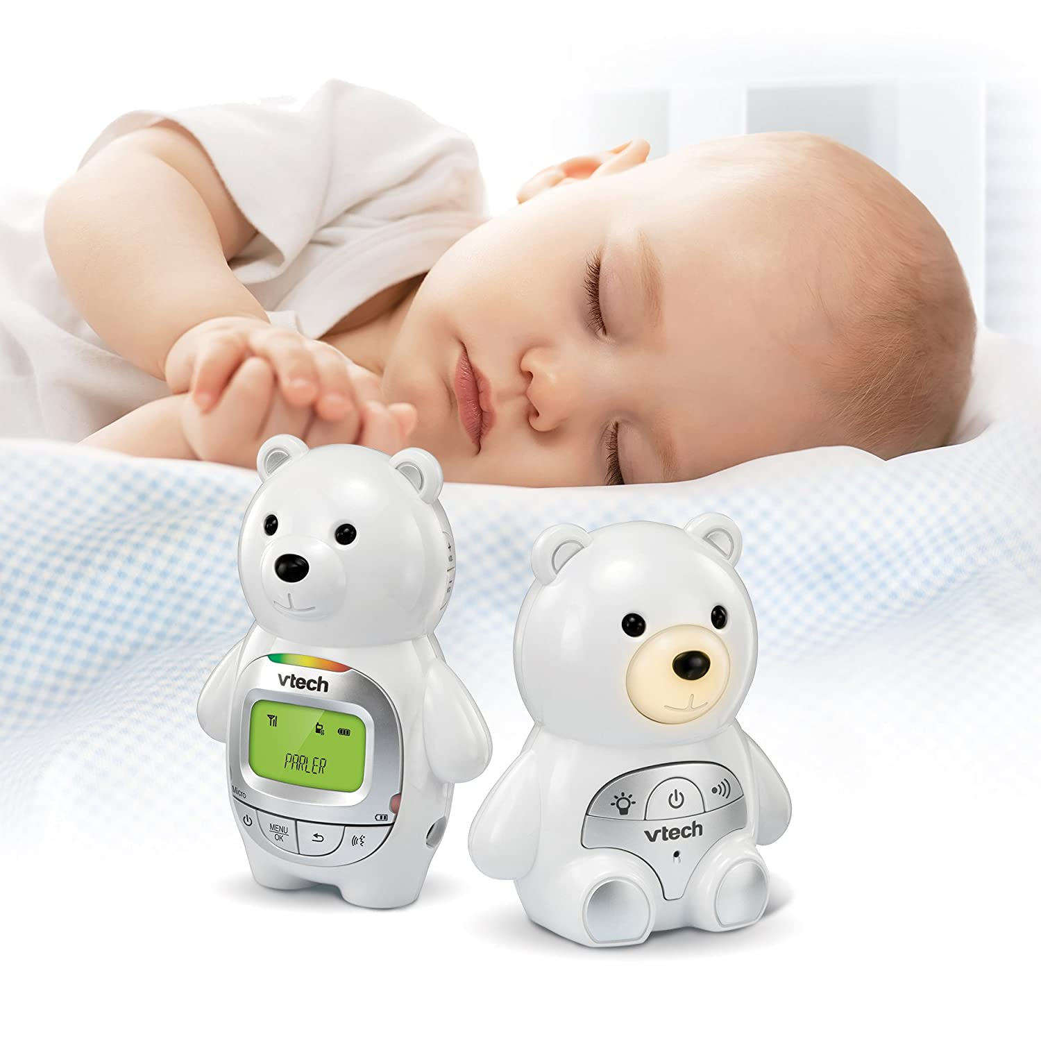 Bébiőr két medve alakú egységgel, a háttérben alvó baba. Fehér háttér. Vtech márka.