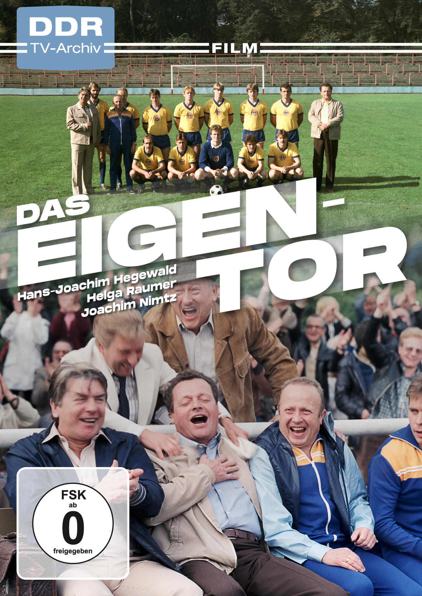 Filmposter für einen Fußballfilm, mit einer Fußballmannschaft und lachenden Männern.