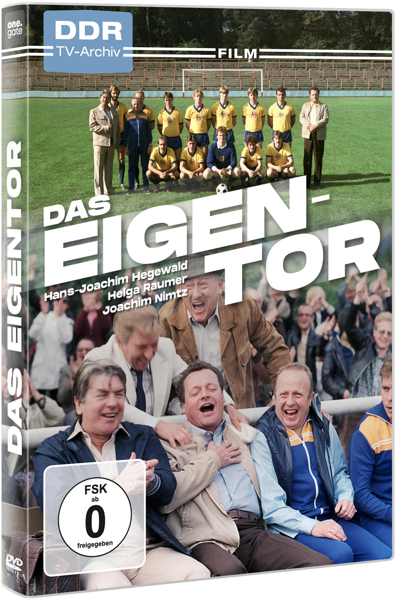 DVD-Cover mit einer Gruppe Männer in Anzügen und einer Fußballmannschaft im Stadion. Text: Das Eigentor.