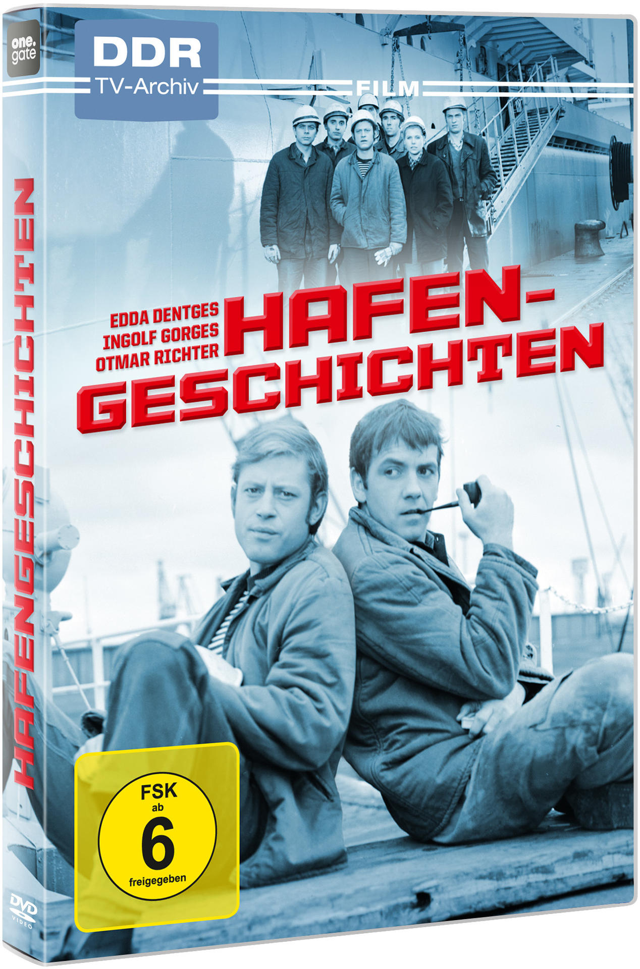 DVD-Cover von 'Hafengeschichten' mit zwei Männern, einem Schiff und Text auf blauem Grund.