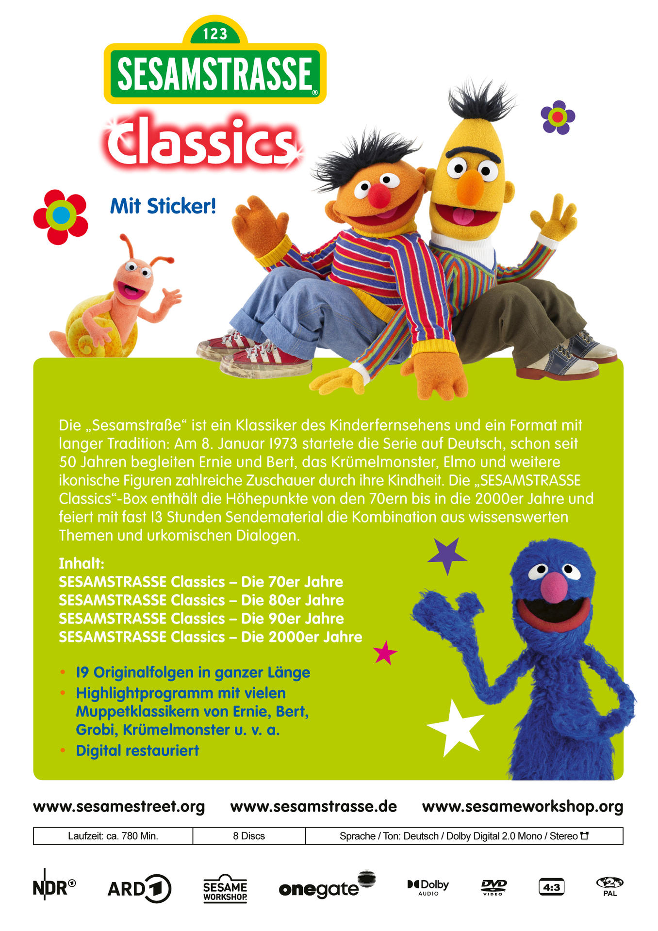 Eine DVD-Hülle für Sesamstraße-Klassiker mit Ernie, Bert und Grover.