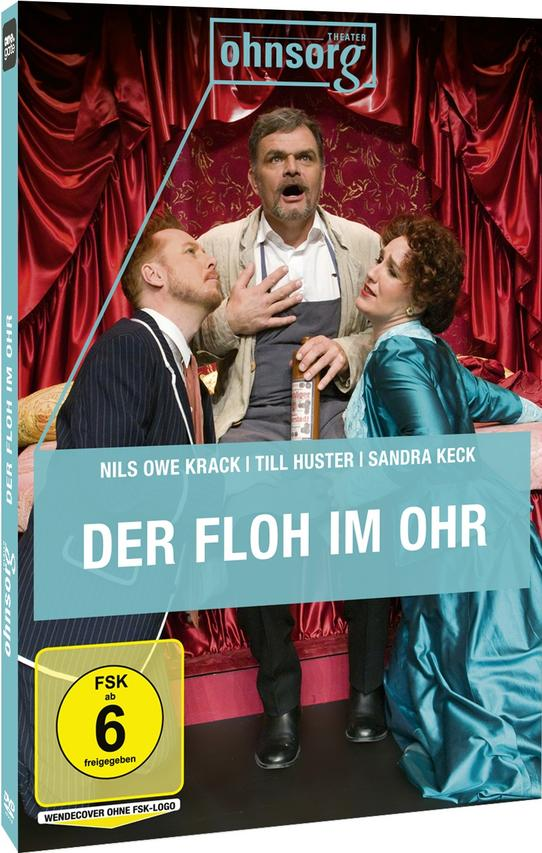 DVD-Cover mit drei Personen auf der Bühne und Titel: Der Floh im Ohr.