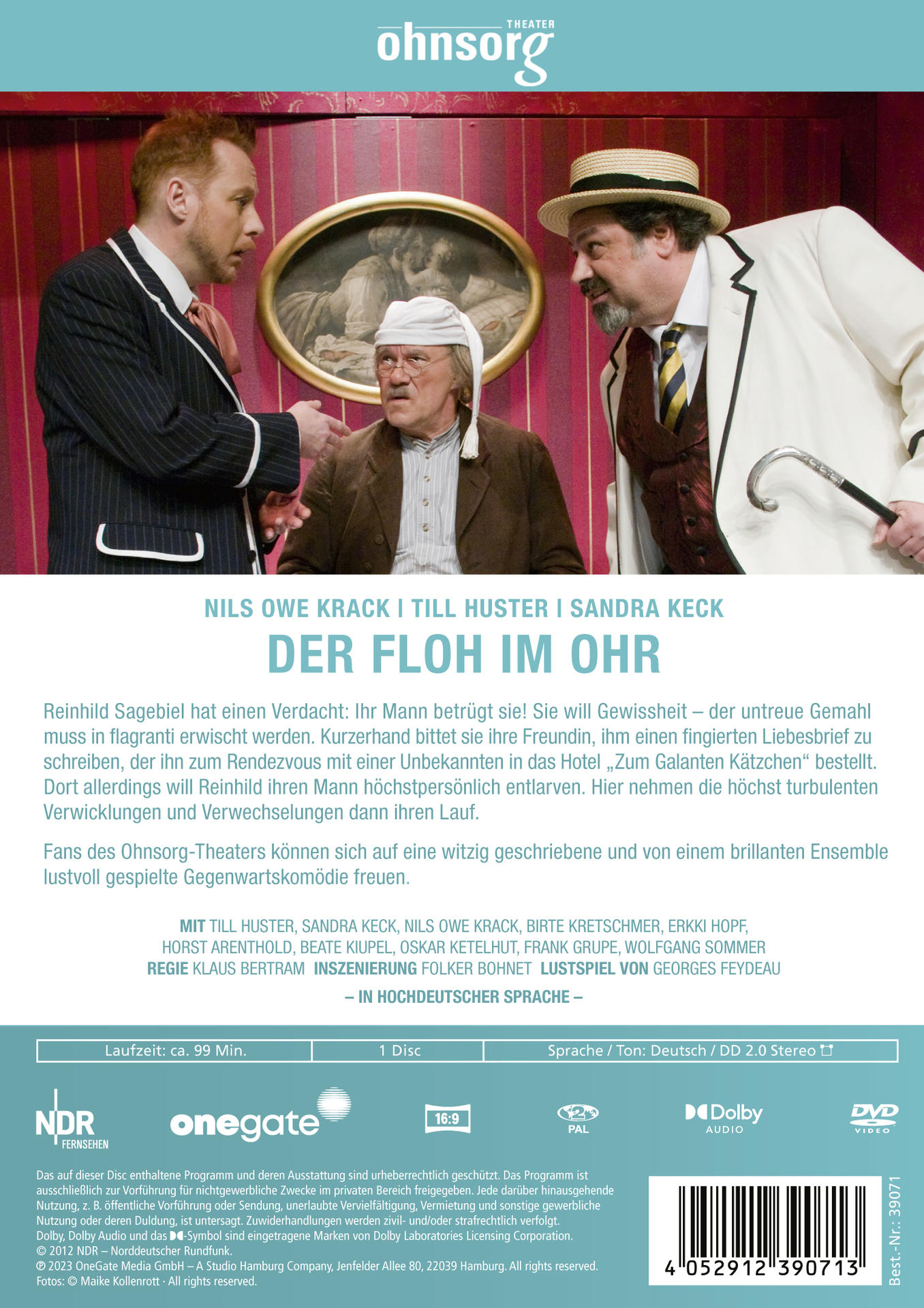 Rückseite eines deutschen Theaterstücks mit drei Männern und Text auf Deutsch.