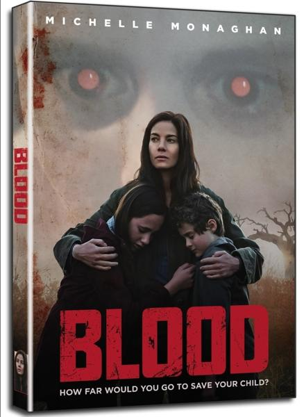 DVD-hoes voor de film 'Blood' met een vrouw en kinderen. Rode oog grafiek.