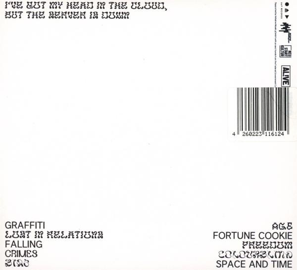 Rückseite einer CD mit Songtiteln und Credits. Weißer Text auf weißem Hintergrund. Barcode sichtbar.