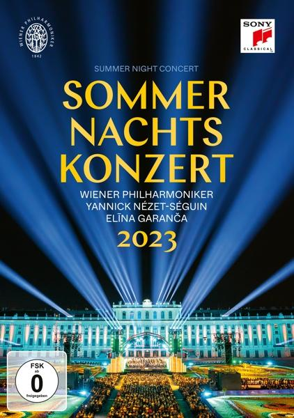 DVD-Cover: 'Sommernachtskonzert 2023' mit Orchester auf der Bühne, blaue Scheinwerfer, Nachtszene.