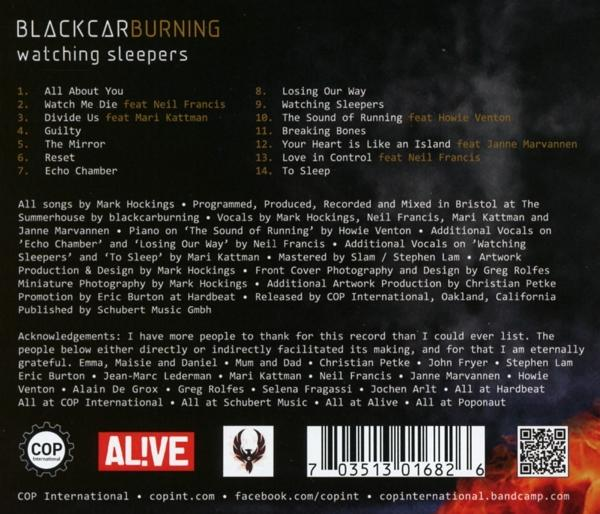 CD-Cover von blackcarburning's 'watching sleepers' Album mit Trackliste und Credits.