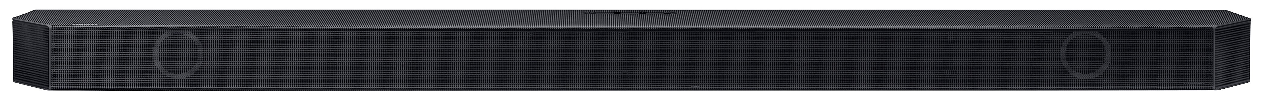 Czarny soundbar z siatkowym przodem, widoczne dwa głośniki i elegancki design.