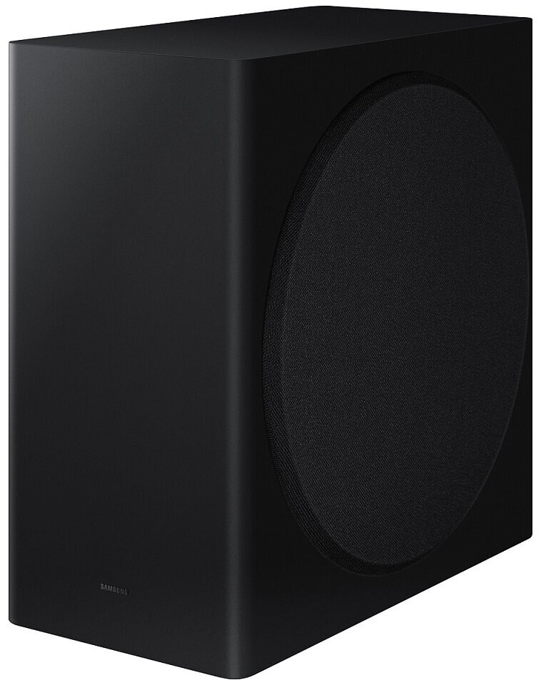 Czarny subwoofer z dużym okrągłym głośnikiem z przodu. Widoczne jest logo Samsung.