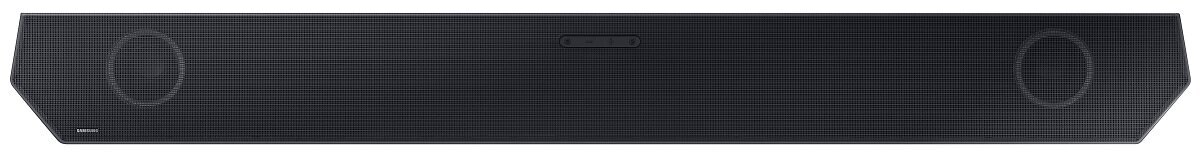 Czarny soundbar z głośnikami na każdym końcu i przyciskami pośrodku.