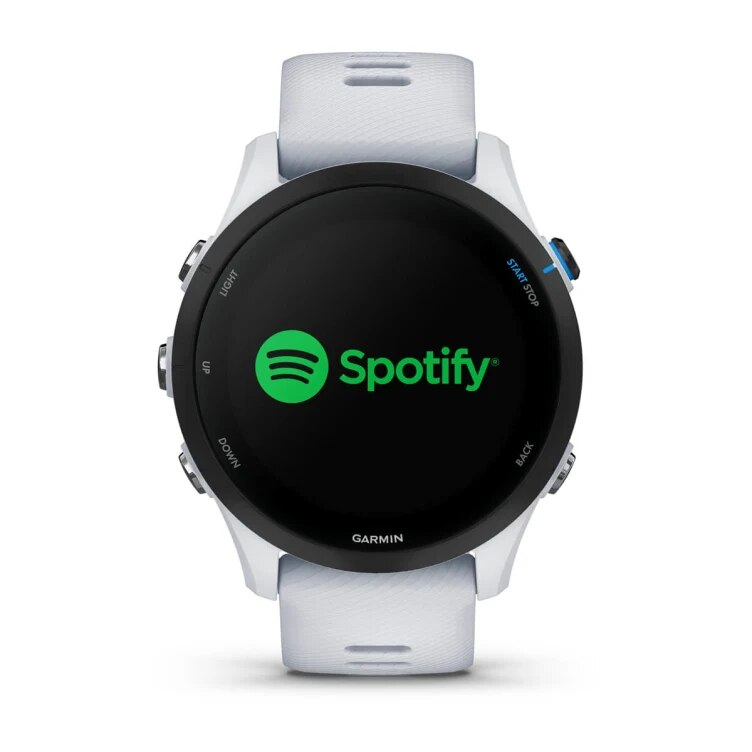 Czarny smartwatch Garmin z logo Spotify na białym tle.