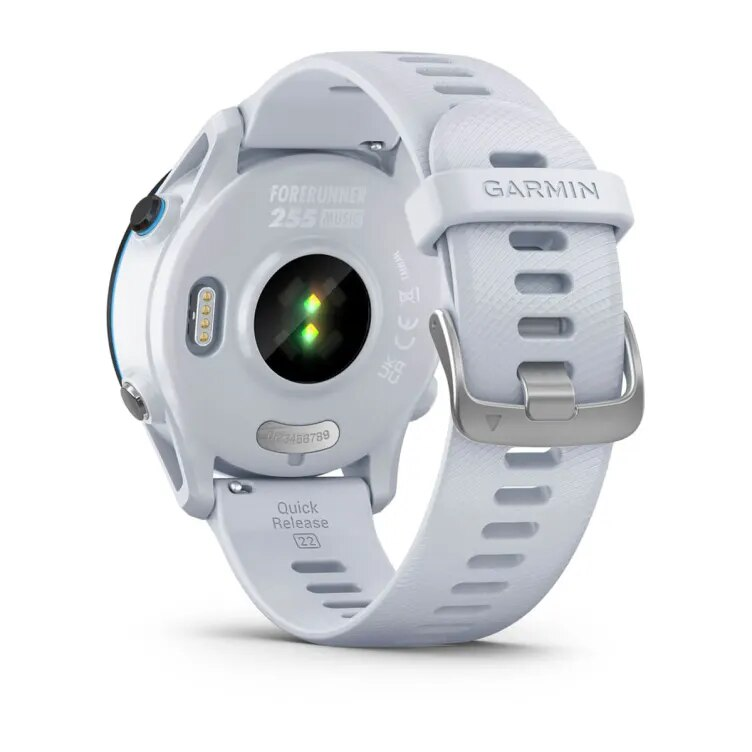 Biały zegarek Garmin Forerunner 255 Music. Tył pokazuje czujnik tętna i szczegóły paska.
