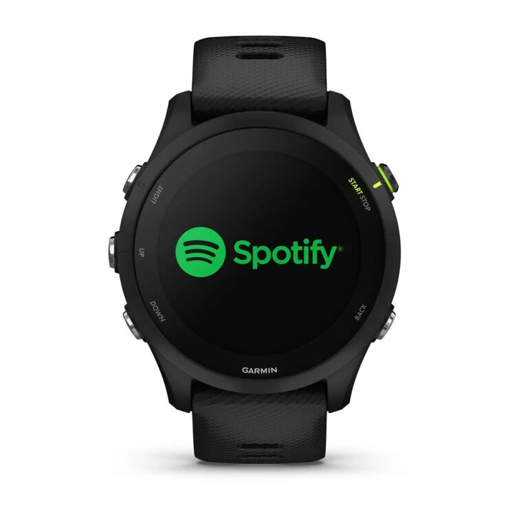 Czarny smartwatch Garmin z logo Spotify na ekranie, z czarnym paskiem. Przyciski po bokach.