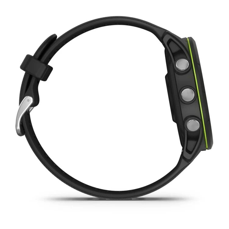 Widok z boku czarnego smartwatcha Garmin z zielonym akcentem. Trzy przyciski po prawej stronie. Czarny pasek.