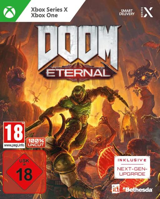 Doom Eternal Spielcover. Ein Soldat in grüner Rüstung kämpft gegen Dämonen. Explosionen und Höllenlandschaft im Hintergrund.