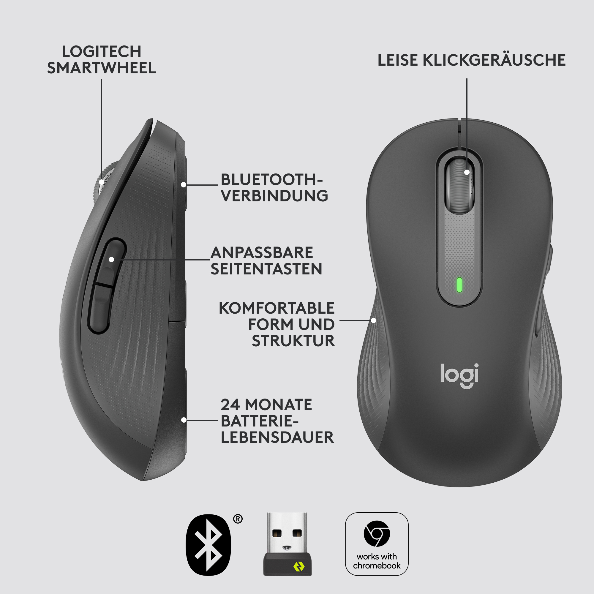 Eine schwarze Logitech-Maus mit hervorgehobenen Funktionen wie Bluetooth und anpassbaren Seitentasten.