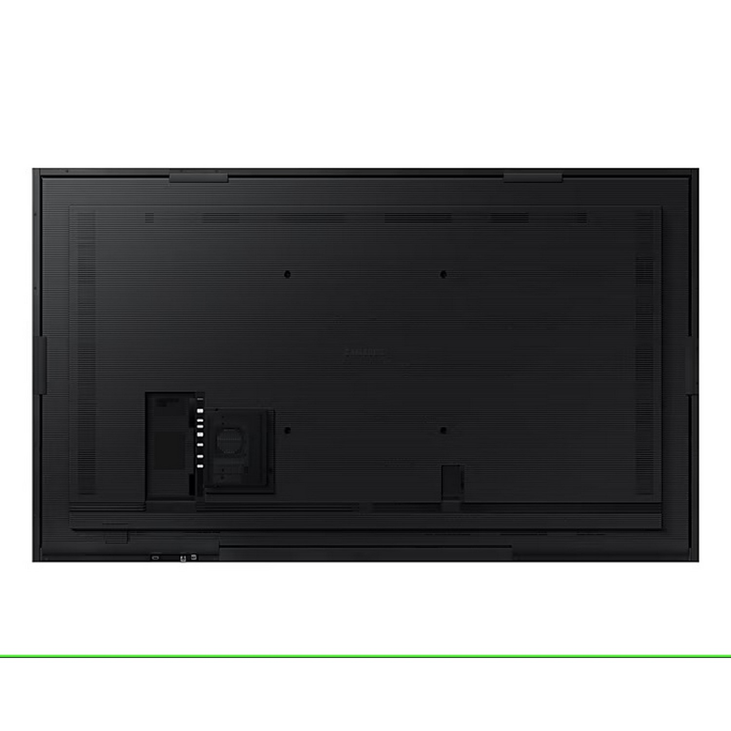 Achteraanzicht van een zwart Samsung-scherm met zichtbare poorten en ventilatie.