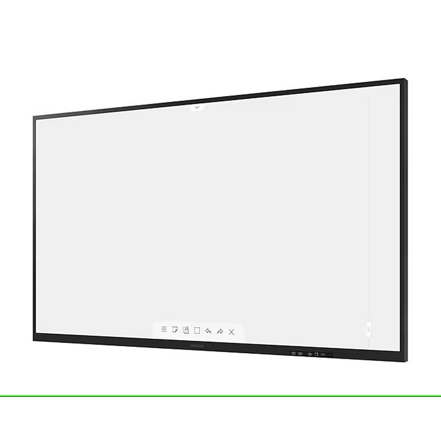 Groot wit interactief display. Zwart frame. Aanraakbediening onderaan. Leeg wit scherm.