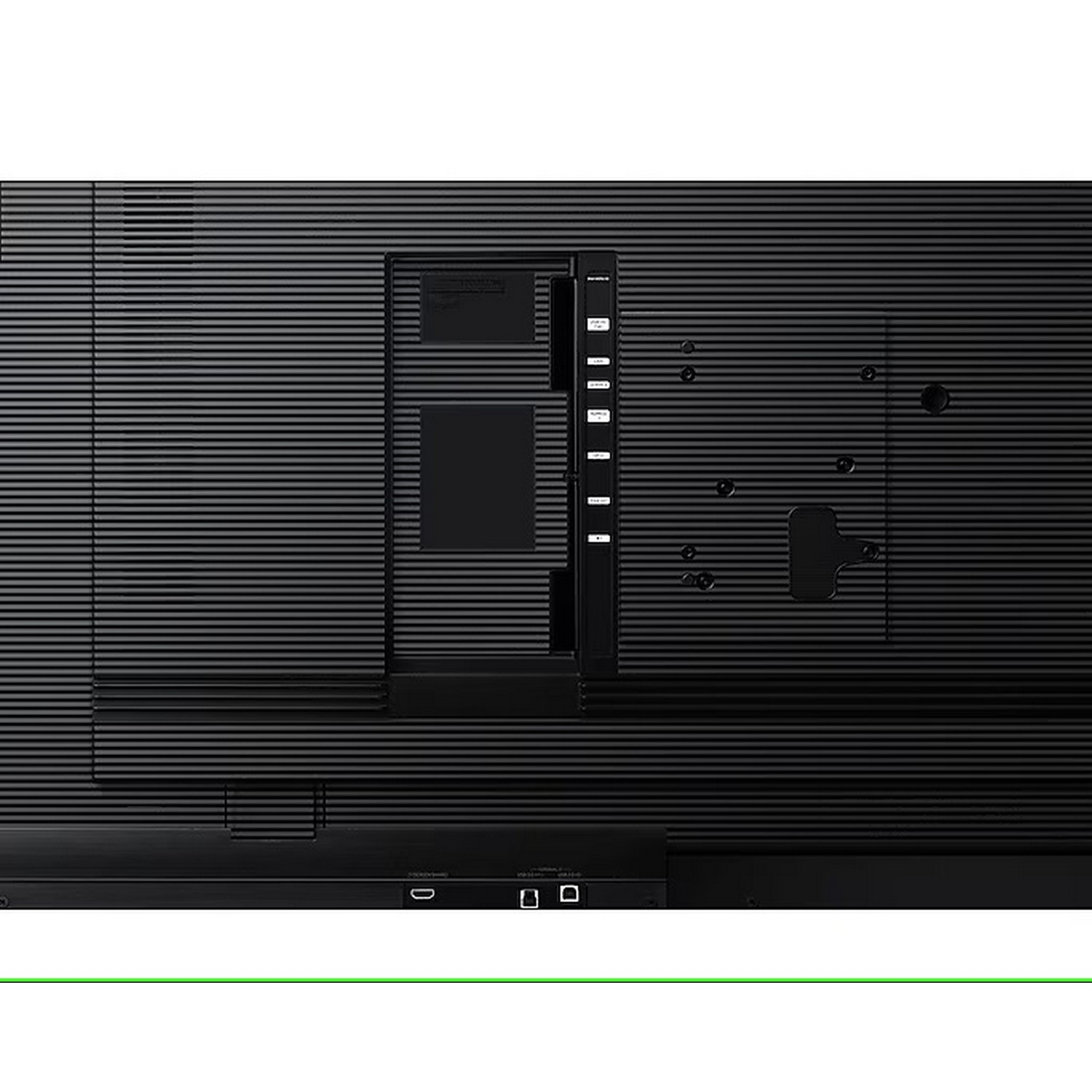 Achterkant van een zwarte tv, met poorten. Zwarte achtergrond.