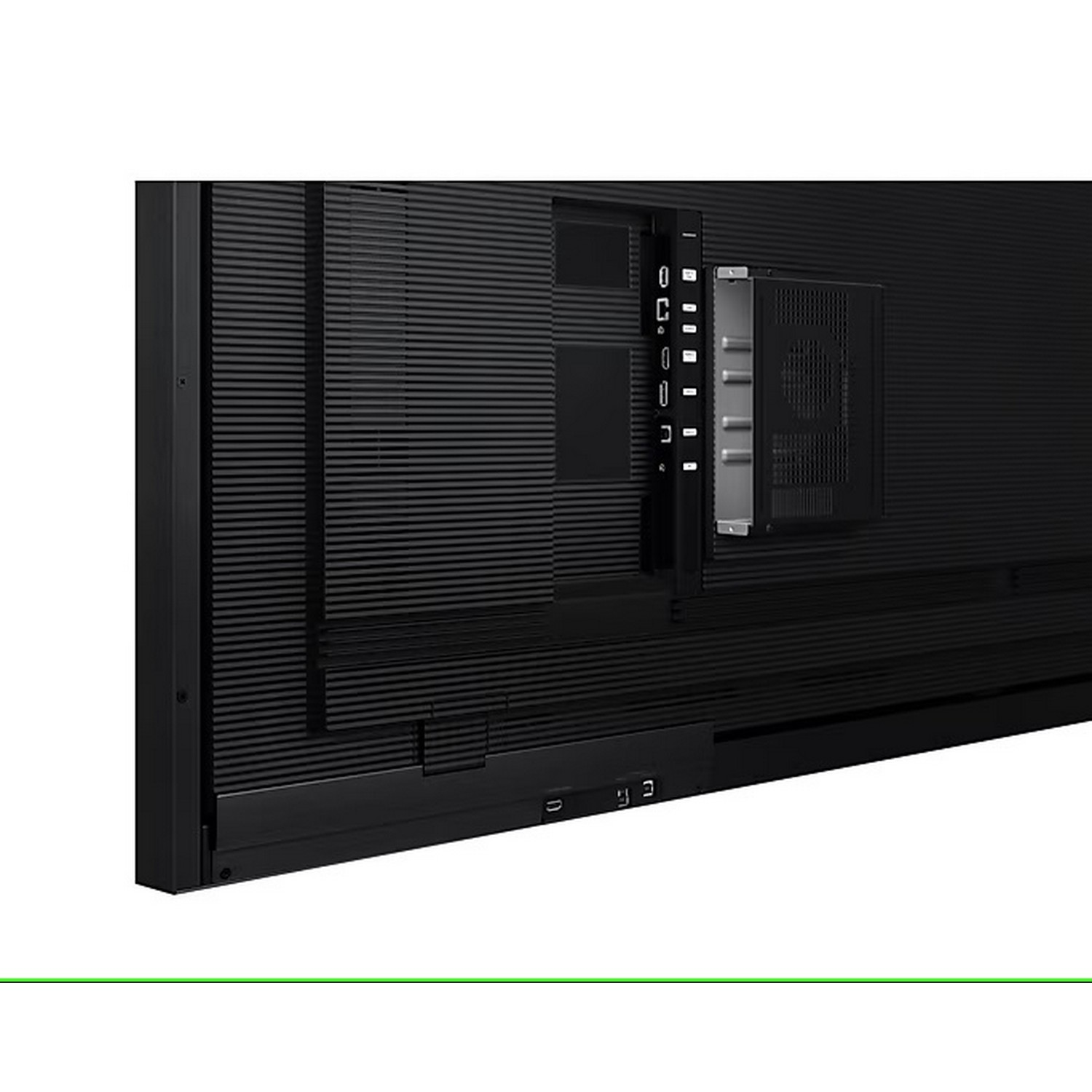 Achterkant van een groot zwart tv-scherm. Toont poorten en aansluitingen, met een gestructureerd oppervlak.