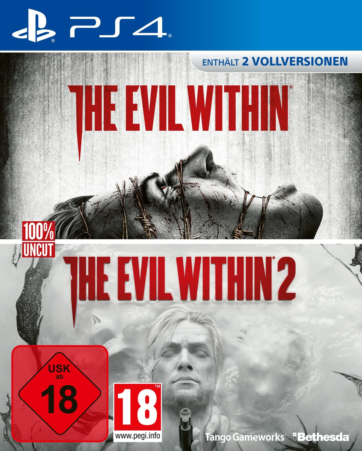 Spielcover: 'The Evil Within' und 'The Evil Within 2' auf PS4. Horror-Thema. USK 18, Blut und Angst.