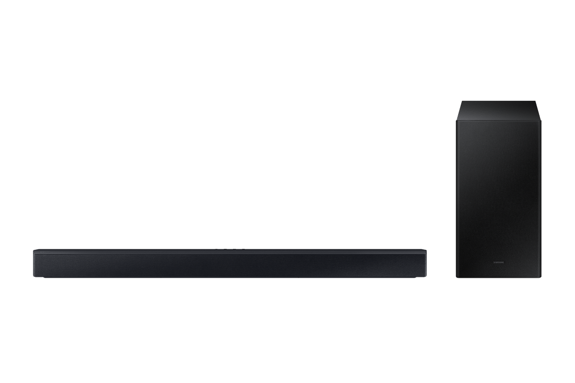 Siyah arka plan üzerinde siyah bir subwoofer ile siyah Samsung soundbar.