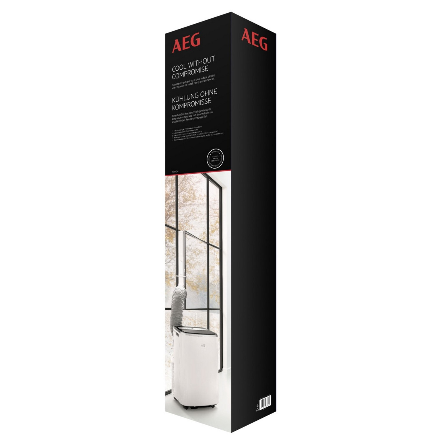 Hoge zwarte doos met witte airconditioner en raam op achtergrond.