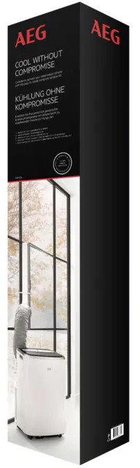 Tall black AEG air conditioner box with text and a window view.
