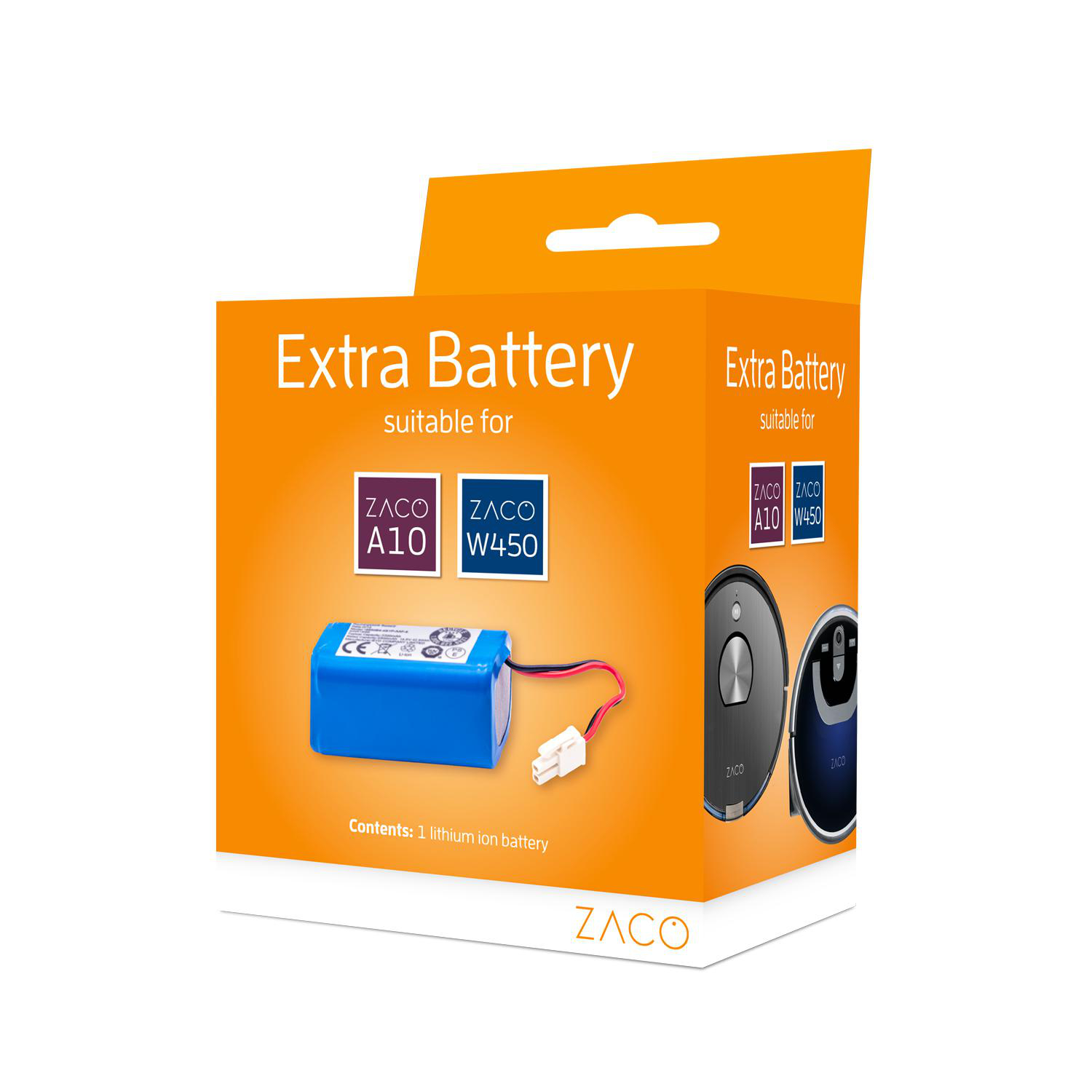 Verpackung einer blauen Batterie mit der Aufschrift „Extra Battery“ und den Markennamen „Zaco“.