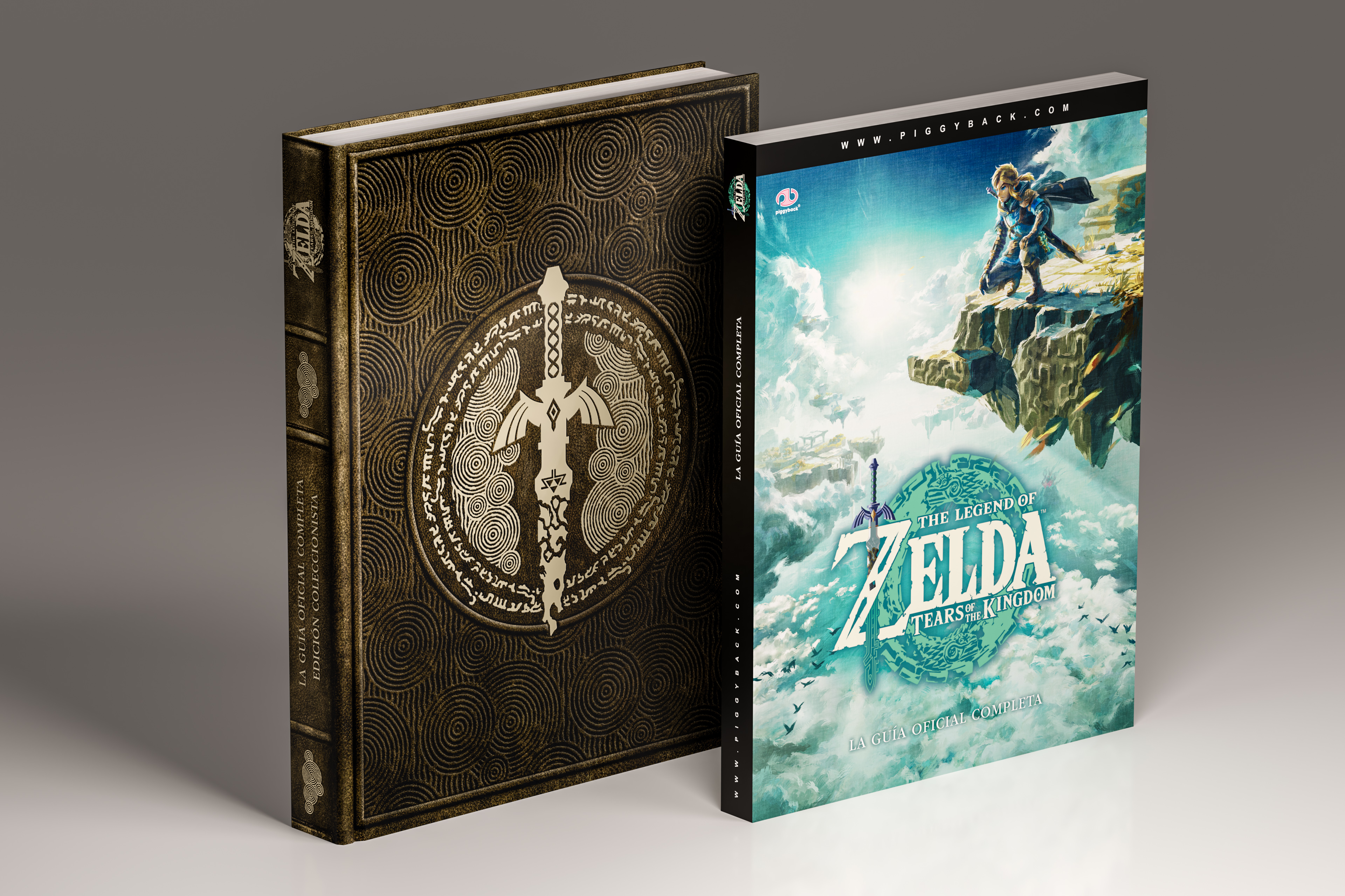 Dos guías de Zelda. Una es dorada con un diseño de espada, la otra es azul con un personaje.