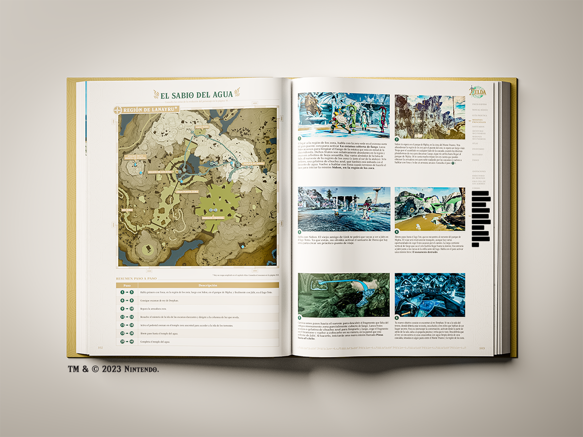 Libro abierto con mapas e imágenes. Texto en español. 'El Sabio del Agua'.