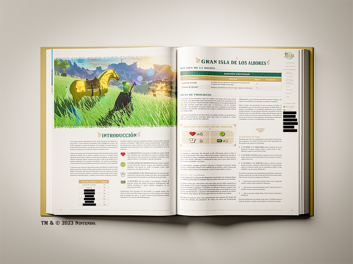 Un libro abierto con texto e ilustración de personaje. Un caballo y un lago están en el fondo.