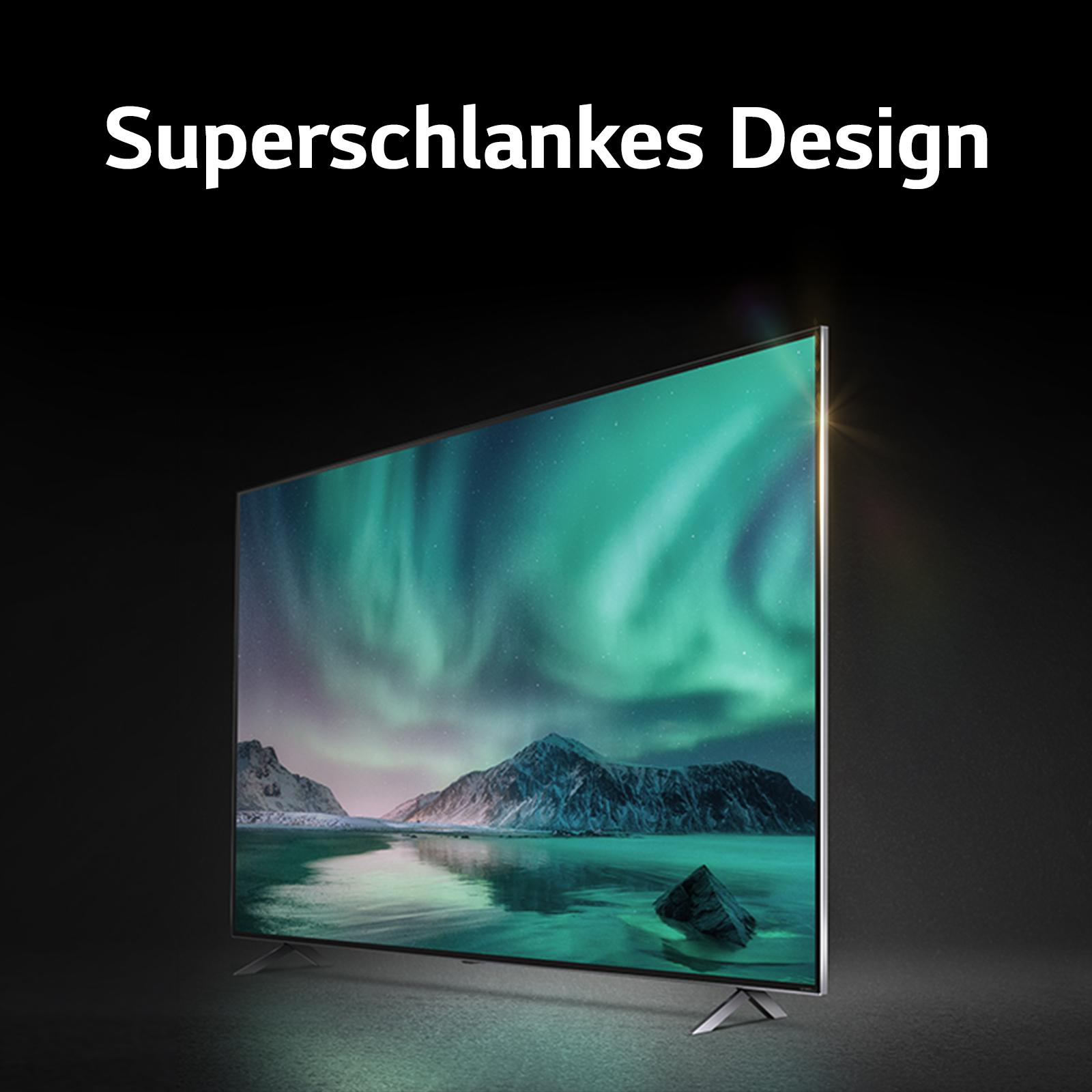 Ein moderner Fernseher auf dunklem Hintergrund. Der Bildschirm zeigt eine Landschaft.