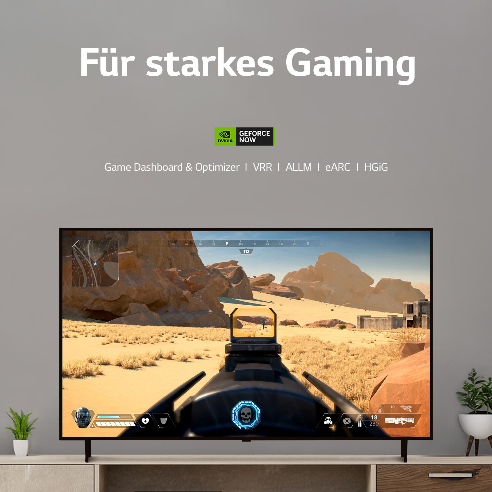 Ein Fernsehbildschirm, der eine Videospielszenen mit Text und Grafiken zeigt.